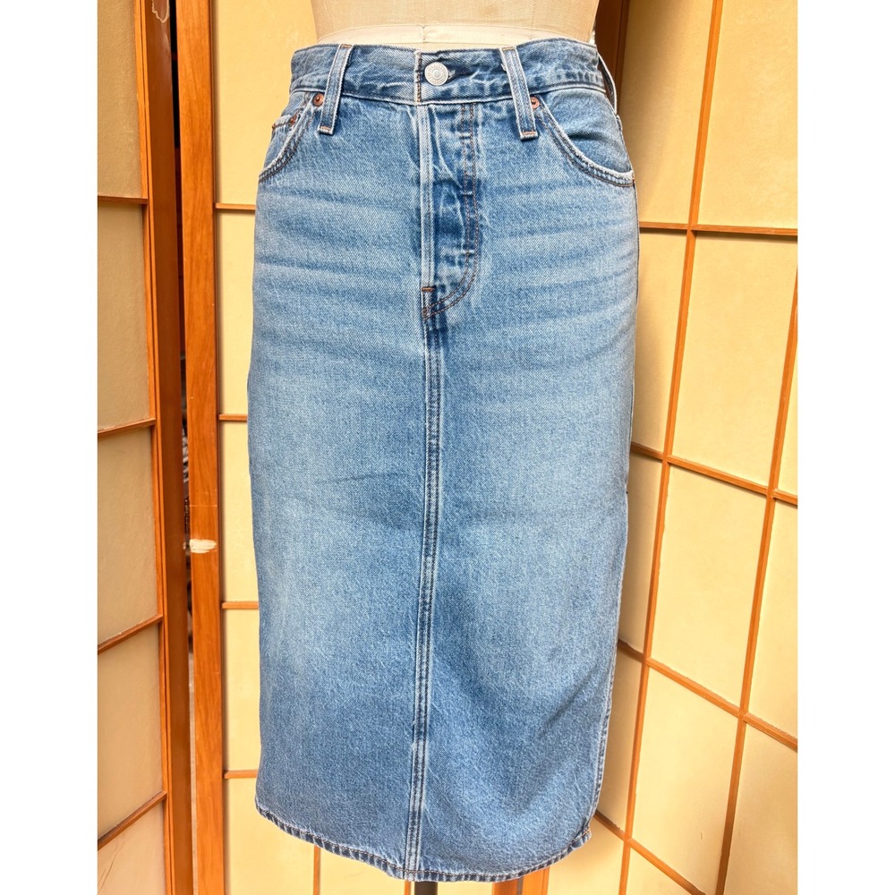 Levis Side Slit Denim Midi Skirt Medium Wash High Rise Straight Cut W25